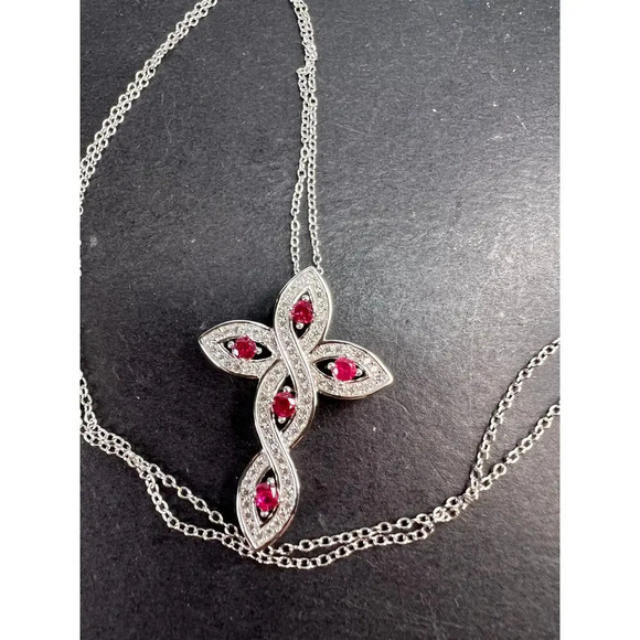 Lab ruby and CZ cross pendant and chain in rhodium over sterling silver - Picture 2 of 11